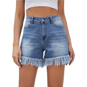 شورت LONGYIDA نسائي من قماش الدنيم عالي الخصر بحاشية خام قابلة للتمدد كاجوال من الجينز in Kuwait
