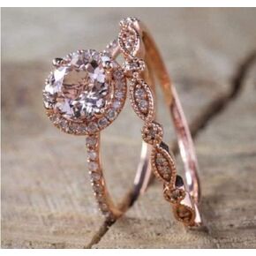 LRGKMCWTOB Fashion Elegant Women 18K Rose Gold Filled Morganite Pink Gemstone Ring Bridal anniversary ring Set Size 6-10