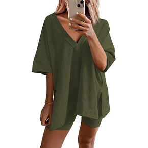 Ekouaer Womens Pajamas 2 Piece Lounge Sets Oversized V Neck T-Shirts Tops Biker Shorts Set Workout Reversible Tracksuit S-XXL in Kuwait