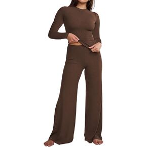 AIBIANOCEL Women 2 Piece Outfits Ribbed Sweatsuit Set Long Sleeve Tops with Wide Leg Pant Lounge Set Tracksuit in Kuwait