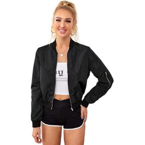 OYOANGLE Women's Lightweight Bomber Biker Jacket Zip up Windbreaker Crop Bomber Jacket Coat