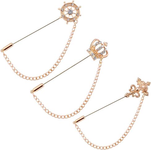 شوكسي دبوس بروش للرجال من 3 قطع، دبوس بروش على شكل تاج متقاطع، سلاسل طوق بشراشيب معلقة للقمصان والشارة، بروش كريستال، دبوس بدلة، دبوس طية صدر مرصع بحجر الراين، دبوس بروش للزفاف، ذهبي، مزيج، in Kuwait