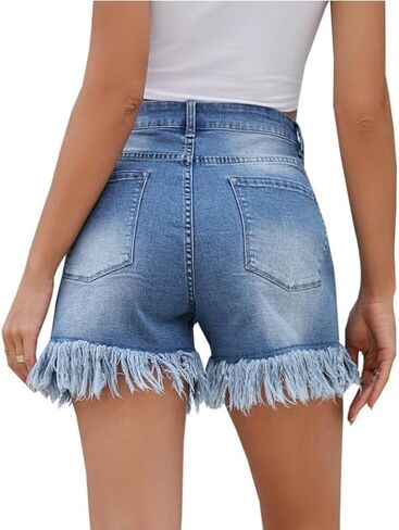 شورت LONGYIDA نسائي من قماش الدنيم عالي الخصر بحاشية خام قابلة للتمدد كاجوال من الجينز in Kuwait