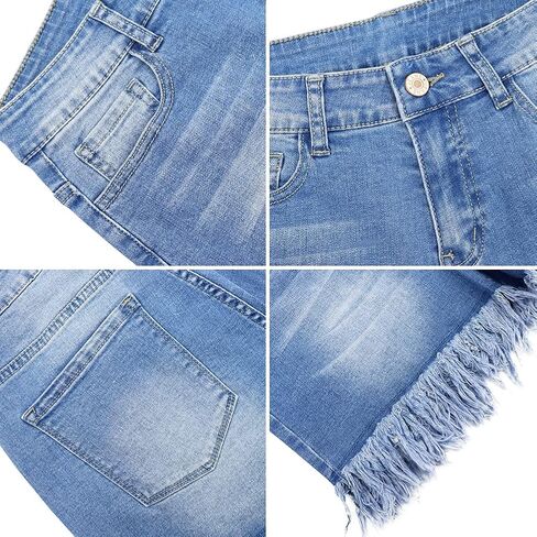 شورت LONGYIDA نسائي من قماش الدنيم عالي الخصر بحاشية خام قابلة للتمدد كاجوال من الجينز in Kuwait