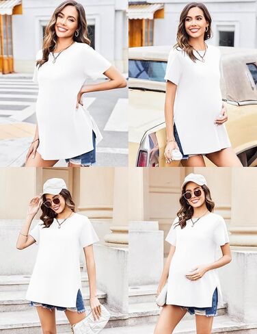 Ekouaer Women's Maternity Shirts Short Sleeve Pregnancy Tops Blouses Split Side Casual Crewneck Pregnant Tunic Tee in Kuwait
