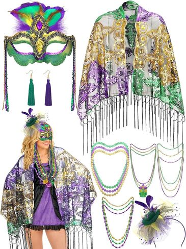 Newcotte 16 Pcs Mardi Gras Costume Accessory Set Mardi Gras Shawl Scarf Feather Mardi Gras Headband and Earrings Mardi Gras Beads Necklaces Masquerade Mask with Feathers for Women in Saudi Arabia