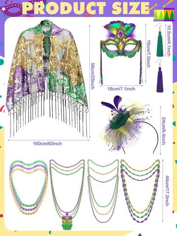 Newcotte 16 Pcs Mardi Gras Costume Accessory Set Mardi Gras Shawl Scarf Feather Mardi Gras Headband and Earrings Mardi Gras Beads Necklaces Masquerade Mask with Feathers for Women in Saudi Arabia
