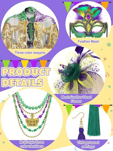 Newcotte 16 Pcs Mardi Gras Costume Accessory Set Mardi Gras Shawl Scarf Feather Mardi Gras Headband and Earrings Mardi Gras Beads Necklaces Masquerade Mask with Feathers for Women in Saudi Arabia