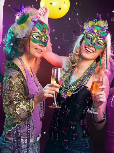 Newcotte 16 Pcs Mardi Gras Costume Accessory Set Mardi Gras Shawl Scarf Feather Mardi Gras Headband and Earrings Mardi Gras Beads Necklaces Masquerade Mask with Feathers for Women in Saudi Arabia