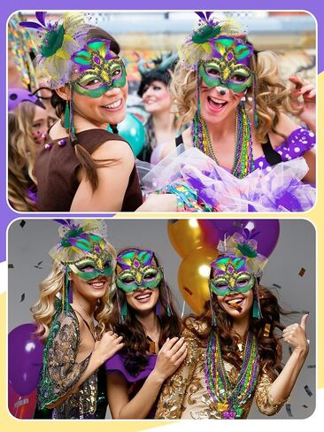 Newcotte 16 Pcs Mardi Gras Costume Accessory Set Mardi Gras Shawl Scarf Feather Mardi Gras Headband and Earrings Mardi Gras Beads Necklaces Masquerade Mask with Feathers for Women in Saudi Arabia