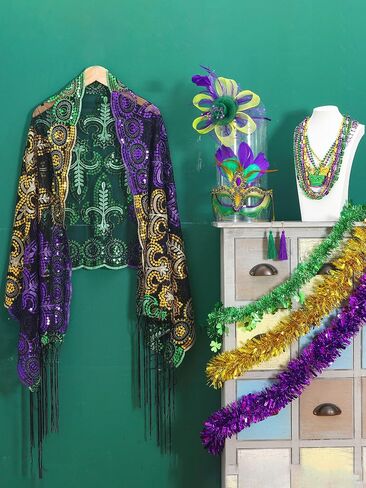 Newcotte 16 Pcs Mardi Gras Costume Accessory Set Mardi Gras Shawl Scarf Feather Mardi Gras Headband and Earrings Mardi Gras Beads Necklaces Masquerade Mask with Feathers for Women in Saudi Arabia