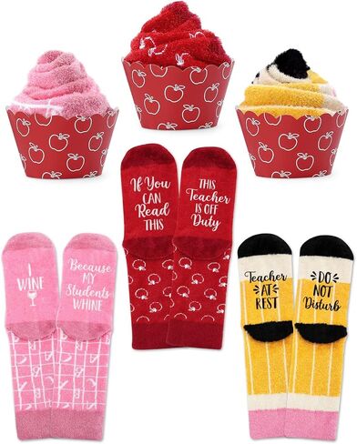 Vansolinne Teacher Socks, Women Plush Crew Socks Teacher Appreciation Gifts, Cupcake Socks w/funny words, Cozy Soft Fabric Classic School Patterns Thick Socks for Cold Weather, Set of 3 in Saudi Arabia