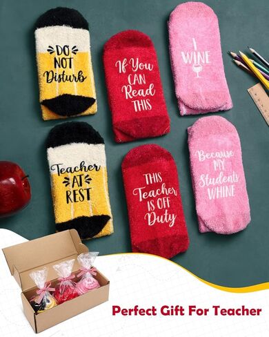 Vansolinne Teacher Socks, Women Plush Crew Socks Teacher Appreciation Gifts, Cupcake Socks w/funny words, Cozy Soft Fabric Classic School Patterns Thick Socks for Cold Weather, Set of 3 in Saudi Arabia