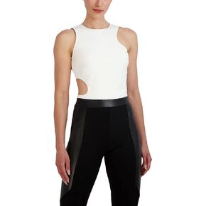 BCBGMAXAZRIA womens Fitted Sleeveless Bodysuit Crew Neck Side Cut Outs Snap Closure One Piece