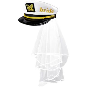 VULGBUNEE قبعة الكابتن بحار الزفاف مع الحجاب الأبيض، قبعة الكابتن لحفل العازبة وحفلات الزفاف حجم عالمي، قبعة العروس لحفلة العروس، حفلة بحرية، هدية حفلة يخت، الديكور in Kuwait