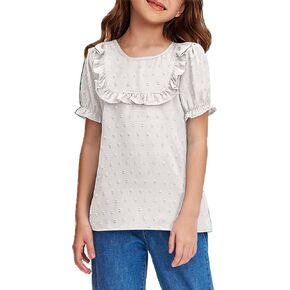 Arshiner Girls Chiffon Blouses Short Puff Sleeve Swiss Dot Ruffle Shirts Summer Casual Crewneck Pom Pom Tops Tunic in Saudi Arabia
