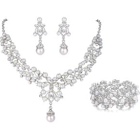 EVER FAITH Crystal Simulated Pearl 1920's Vintage Cluster Leaf Wedding Costume Stretch Bracelet Necklace Earrings Set Clear Silver-Tone in Saudi Arabia