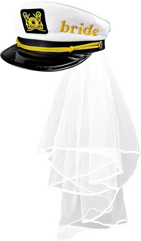 VULGBUNEE قبعة الكابتن بحار الزفاف مع الحجاب الأبيض، قبعة الكابتن لحفل العازبة وحفلات الزفاف حجم عالمي، قبعة العروس لحفلة العروس، حفلة بحرية، هدية حفلة يخت، الديكور in Kuwait