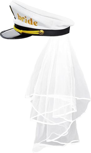 VULGBUNEE قبعة الكابتن بحار الزفاف مع الحجاب الأبيض، قبعة الكابتن لحفل العازبة وحفلات الزفاف حجم عالمي، قبعة العروس لحفلة العروس، حفلة بحرية، هدية حفلة يخت، الديكور in Kuwait