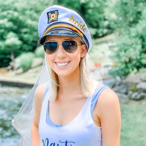 VULGBUNEE قبعة الكابتن بحار الزفاف مع الحجاب الأبيض، قبعة الكابتن لحفل العازبة وحفلات الزفاف حجم عالمي، قبعة العروس لحفلة العروس، حفلة بحرية، هدية حفلة يخت، الديكور in Kuwait