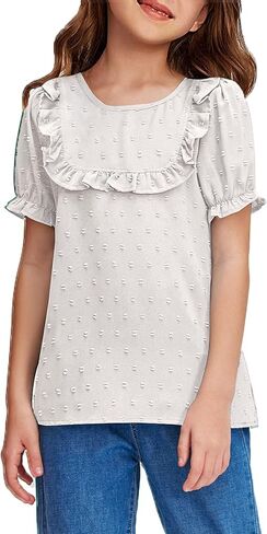Arshiner Girls Chiffon Blouses Short Puff Sleeve Swiss Dot Ruffle Shirts Summer Casual Crewneck Pom Pom Tops Tunic in Saudi Arabia