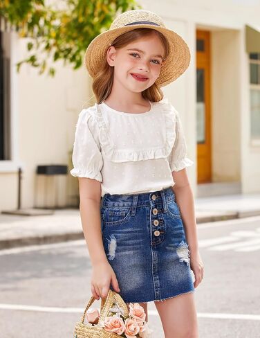 Arshiner Girls Chiffon Blouses Short Puff Sleeve Swiss Dot Ruffle Shirts Summer Casual Crewneck Pom Pom Tops Tunic in Saudi Arabia