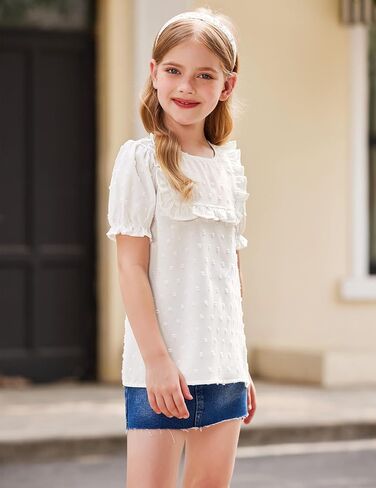 Arshiner Girls Chiffon Blouses Short Puff Sleeve Swiss Dot Ruffle Shirts Summer Casual Crewneck Pom Pom Tops Tunic in Saudi Arabia
