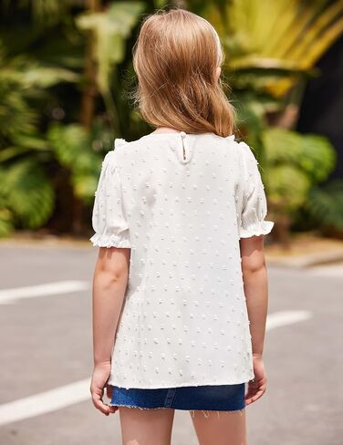 Arshiner Girls Chiffon Blouses Short Puff Sleeve Swiss Dot Ruffle Shirts Summer Casual Crewneck Pom Pom Tops Tunic in Saudi Arabia