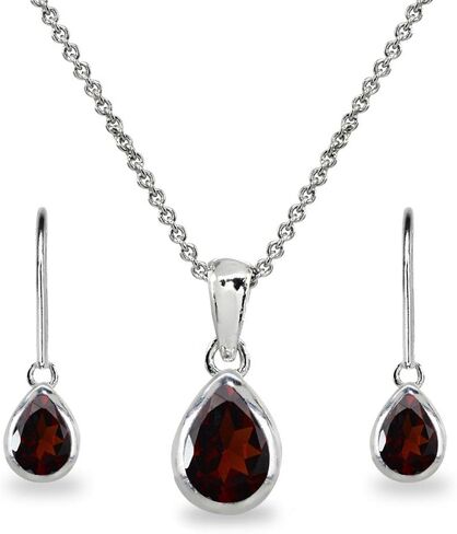 Jewelry Sets for Women, Necklace and Earring Set for Women, Birthstone Jewelry, Genuine or Synthetic Gems, Teardrop Bezel, Pendant Necklace, Short Necklace, Dangle Earrings, Sterling Silver Jewelry in Kuwait