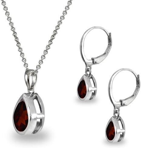 Jewelry Sets for Women, Necklace and Earring Set for Women, Birthstone Jewelry, Genuine or Synthetic Gems, Teardrop Bezel, Pendant Necklace, Short Necklace, Dangle Earrings, Sterling Silver Jewelry in Kuwait