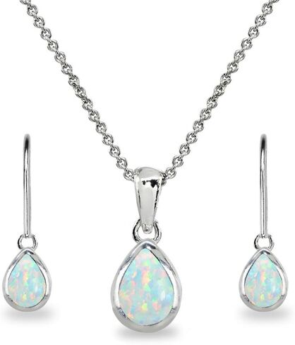 Jewelry Sets for Women, Necklace and Earring Set for Women, Birthstone Jewelry, Genuine or Synthetic Gems, Teardrop Bezel, Pendant Necklace, Short Necklace, Dangle Earrings, Sterling Silver Jewelry in Kuwait