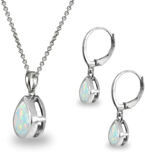Jewelry Sets for Women, Necklace and Earring Set for Women, Birthstone Jewelry, Genuine or Synthetic Gems, Teardrop Bezel, Pendant Necklace, Short Necklace, Dangle Earrings, Sterling Silver Jewelry in Kuwait