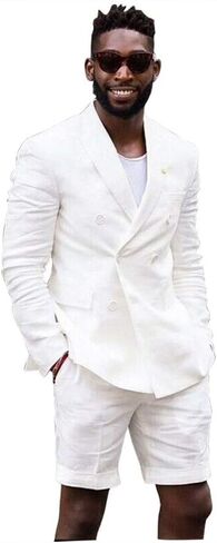 Mens Linen Cotton Shorts Suit Casual Grooms Beach Wedding Slim Fit Tuxedo Suit Blazer & Shorts Set in Saudi Arabia