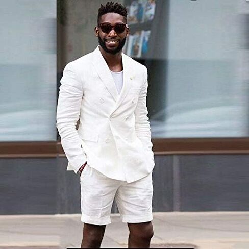 Mens Linen Cotton Shorts Suit Casual Grooms Beach Wedding Slim Fit Tuxedo Suit Blazer & Shorts Set in Saudi Arabia