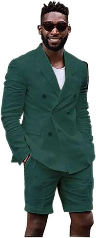 Mens Linen Cotton Shorts Suit Casual Grooms Beach Wedding Slim Fit Tuxedo Suit Blazer & Shorts Set in Saudi Arabia