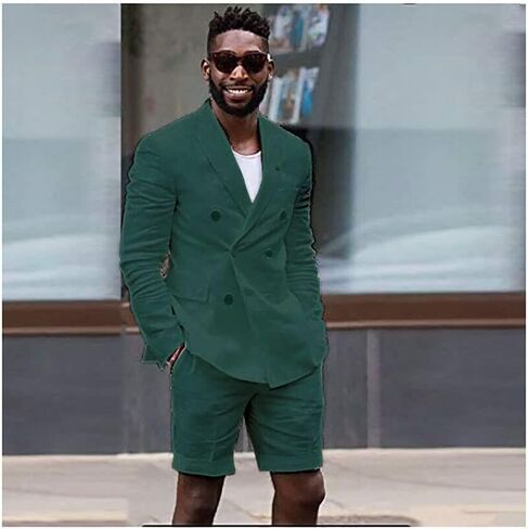 Mens Linen Cotton Shorts Suit Casual Grooms Beach Wedding Slim Fit Tuxedo Suit Blazer & Shorts Set in Saudi Arabia
