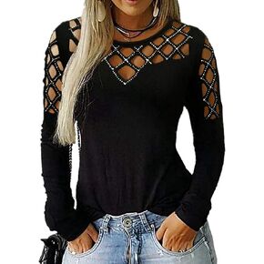 Memorose Long Sleeve Shirts for Women Oversized Crewneck Cut Hollow Rhinestone Tops Tshirts