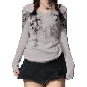 Women Teen Girls Fairy Grunge Clothes Y2k Long Sleeve Baggy Shirt Graphic Baby Tee Fall Vintage Streetwear T-Shirt