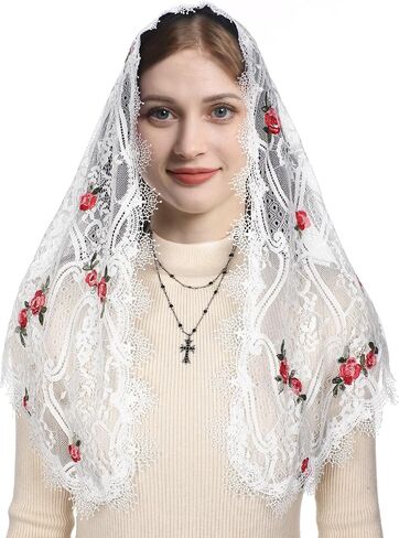 حجاب كاثوليكي للنساء من Mantveil مع مشبك: حجاب الكنيسة المطرز بالزهور الوردية من Mantilla وحجاب الكنيسة ويغطي الرأس قداسًا لاتينيًا in Kuwait