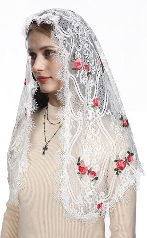 حجاب كاثوليكي للنساء من Mantveil مع مشبك: حجاب الكنيسة المطرز بالزهور الوردية من Mantilla وحجاب الكنيسة ويغطي الرأس قداسًا لاتينيًا in Kuwait