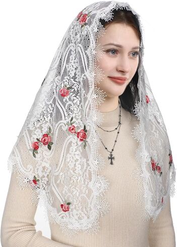 حجاب كاثوليكي للنساء من Mantveil مع مشبك: حجاب الكنيسة المطرز بالزهور الوردية من Mantilla وحجاب الكنيسة ويغطي الرأس قداسًا لاتينيًا in Kuwait