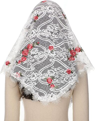 حجاب كاثوليكي للنساء من Mantveil مع مشبك: حجاب الكنيسة المطرز بالزهور الوردية من Mantilla وحجاب الكنيسة ويغطي الرأس قداسًا لاتينيًا in Kuwait