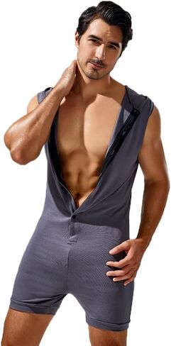 HMRICHNO1 بدلة ملاكمة بقلنسوة للرجال بدون أكمام بأزرار بدلة يوتار نيسيي بيجامة قطعة واحدة رومبير in Kuwait