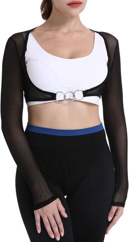 توب نسائي قصير شبكي شفاف مفتوح من الأمام يقشعر من خلال شبكة صيد السمك مع إبزيم in Kuwait