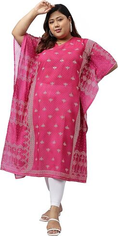 XL LOVE - من Janasya Indian Women's Pink Poly Georgette Bandhani المطبوع على قفطان كورتا in Kuwait