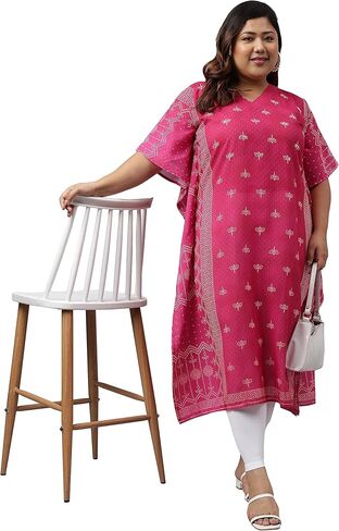 XL LOVE - من Janasya Indian Women's Pink Poly Georgette Bandhani المطبوع على قفطان كورتا in Kuwait