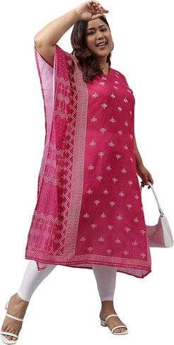 XL LOVE - من Janasya Indian Women's Pink Poly Georgette Bandhani المطبوع على قفطان كورتا in Kuwait