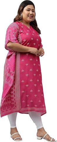 XL LOVE - من Janasya Indian Women's Pink Poly Georgette Bandhani المطبوع على قفطان كورتا in Kuwait