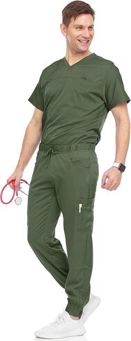 Medichic Men's Workwear Stretch V-Neck Scrub Joggers Set with Seven-Pocket Pants, Available in 6+ Colors in Kuwait