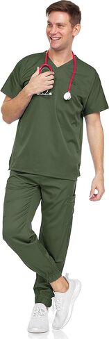 Medichic Men's Workwear Stretch V-Neck Scrub Joggers Set with Seven-Pocket Pants, Available in 6+ Colors in Kuwait